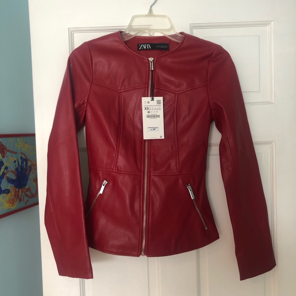 Zara Spain red leather jacket